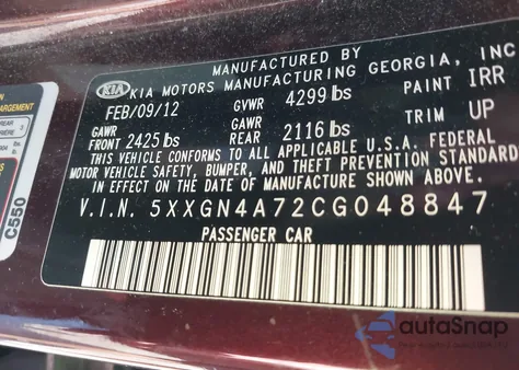 2012 Kia Optima Ex z USA, uszkodzony, nr VIN 5XXGN4A72CG048847